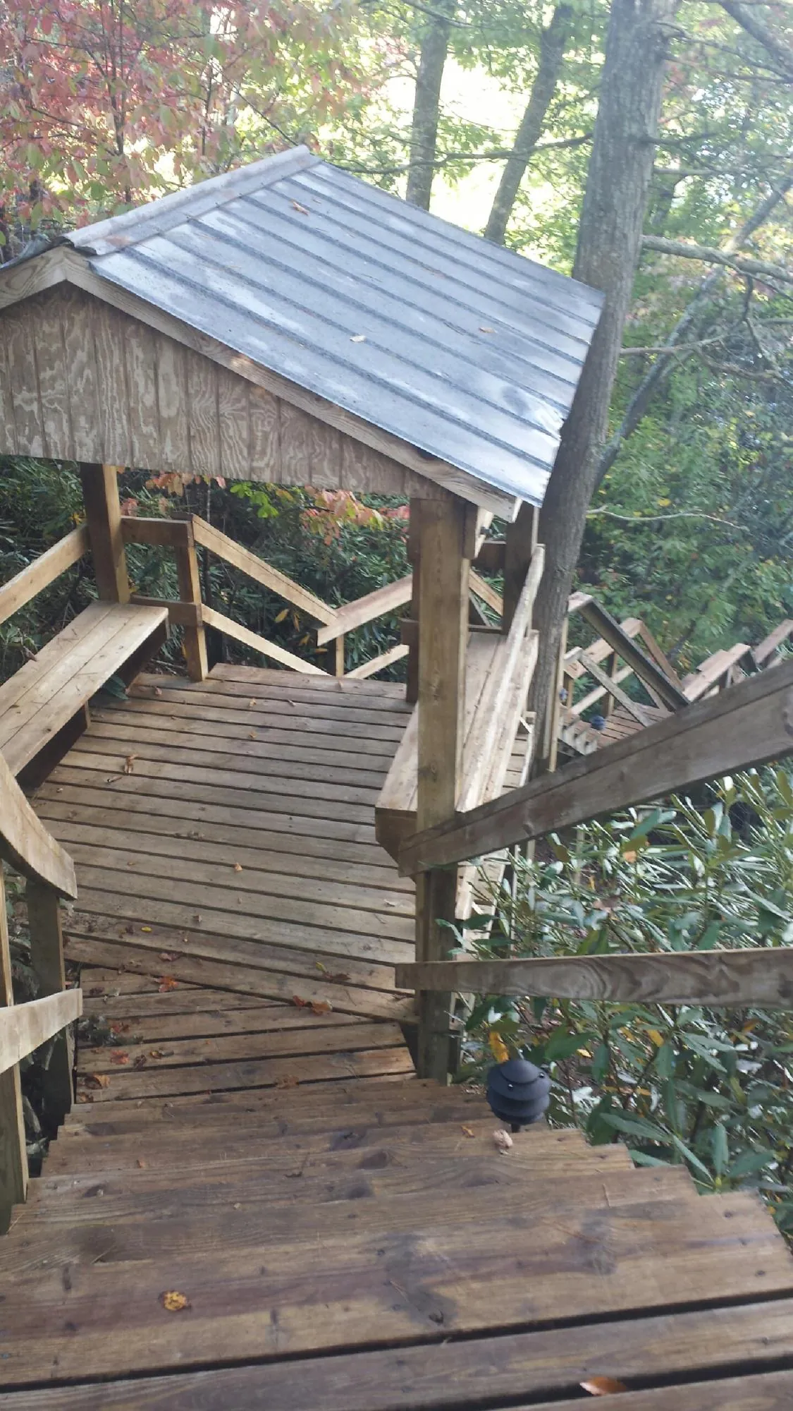 Metal roofed shelter over wooden steps on a wooded walkway — Skylight Repair & Installation work by our crew in Mc Alpin